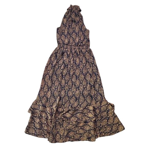 MINKPINK Bedouin Beauty Smocked Collar Flounce Hem Orange & Black Midi Dress M - Picture 2 of 8